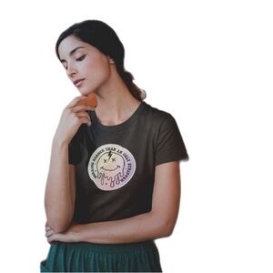 Black Short Sleeve Graphic Print T ‘Workkng Harder Than.. Rainbow Smile Face